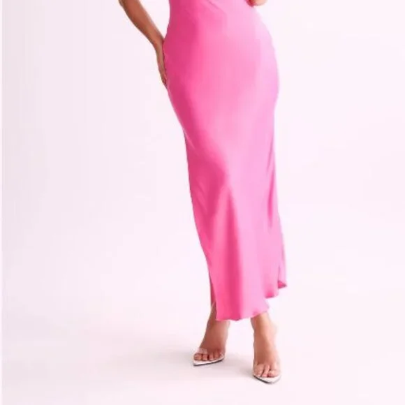Meshki Satin Drape Back Maxi Dress with Split - Pink / XS - Picture 4 of 12